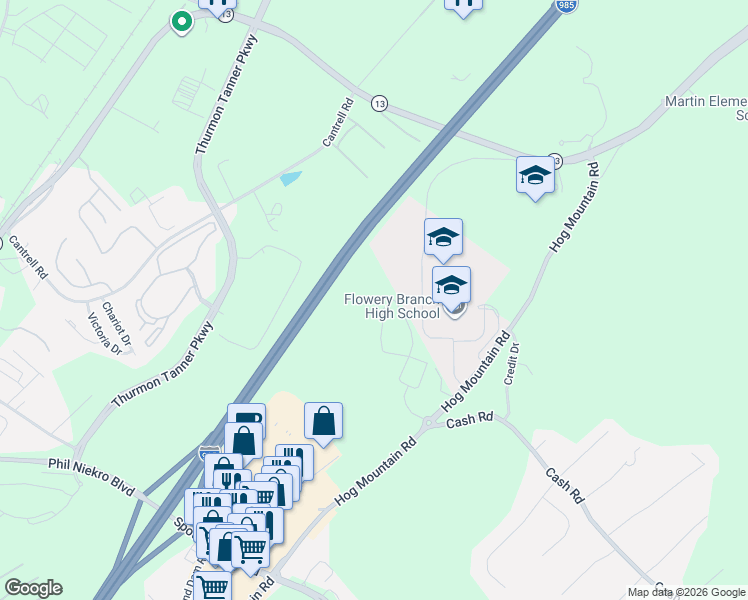 map of restaurants, bars, coffee shops, grocery stores, and more near 4000 Findley Drive in Flowery Branch