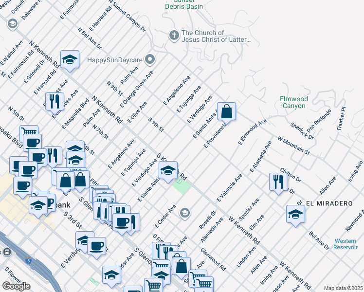map of restaurants, bars, coffee shops, grocery stores, and more near 901 East Santa Anita Avenue in Burbank