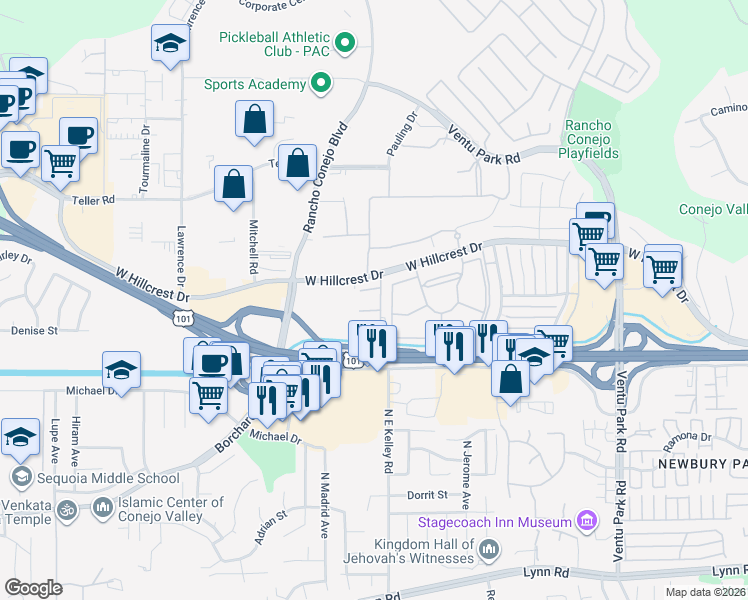 map of restaurants, bars, coffee shops, grocery stores, and more near 571 Artisan Road in Thousand Oaks