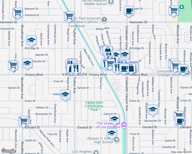 map of restaurants, bars, coffee shops, grocery stores, and more near 13120 Victory Boulevard in Los Angeles