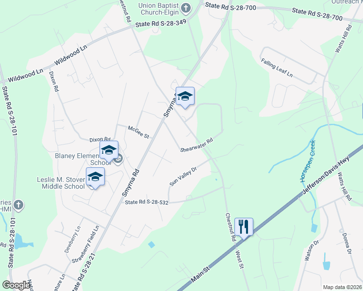 map of restaurants, bars, coffee shops, grocery stores, and more near 1531 Shearwater Road in Elgin