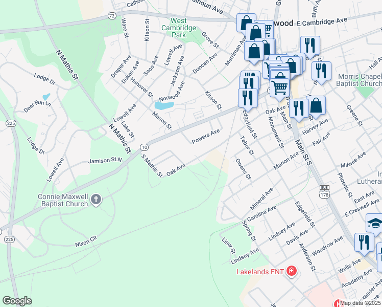 map of restaurants, bars, coffee shops, grocery stores, and more near 600 Oak Avenue in Greenwood