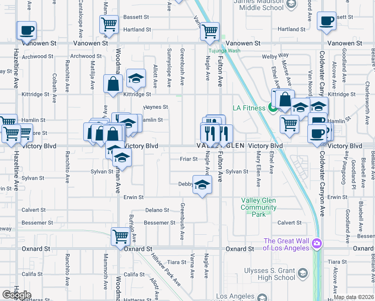map of restaurants, bars, coffee shops, grocery stores, and more near 13400 Victory Boulevard in Los Angeles