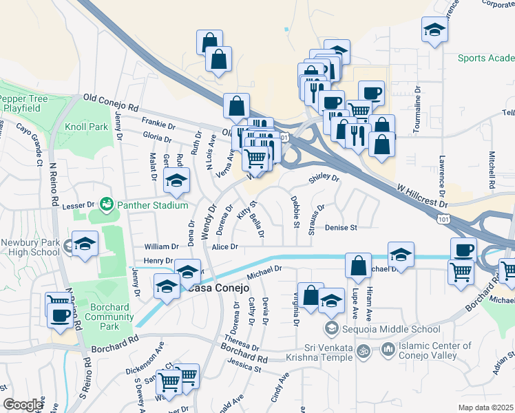 map of restaurants, bars, coffee shops, grocery stores, and more near 687 Martha Drive in Thousand Oaks