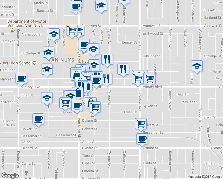 map of restaurants, bars, coffee shops, grocery stores, and more near 14256 Victory Boulevard in Los Angeles