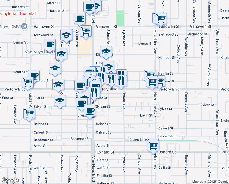 map of restaurants, bars, coffee shops, grocery stores, and more near 14338 Victory Boulevard in Los Angeles