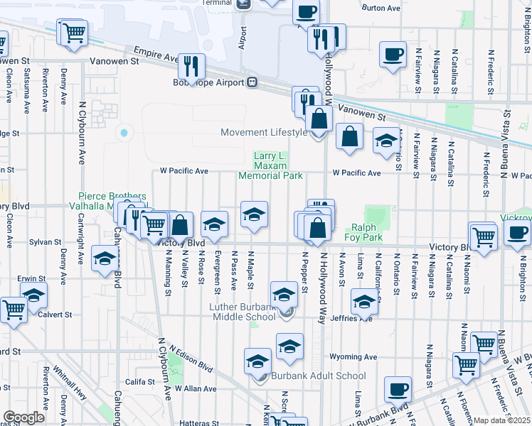 map of restaurants, bars, coffee shops, grocery stores, and more near 2041 North Kenwood Street in Burbank