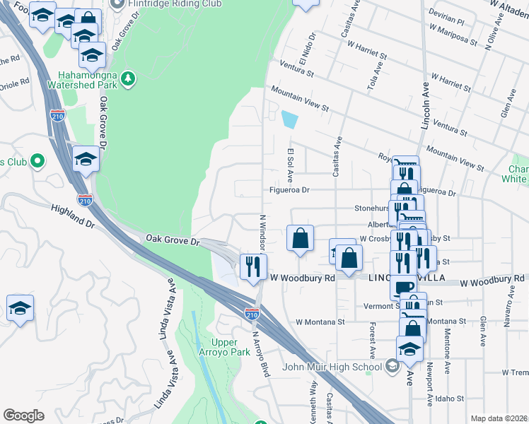 map of restaurants, bars, coffee shops, grocery stores, and more near 2362 North Windsor Avenue in Altadena