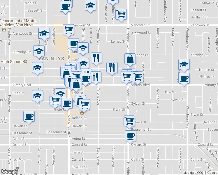 map of restaurants, bars, coffee shops, grocery stores, and more near 14218 Victory Boulevard in Los Angeles