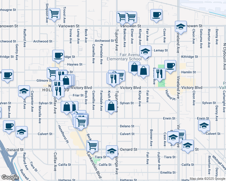 map of restaurants, bars, coffee shops, grocery stores, and more near 11422 Victory Boulevard in Los Angeles