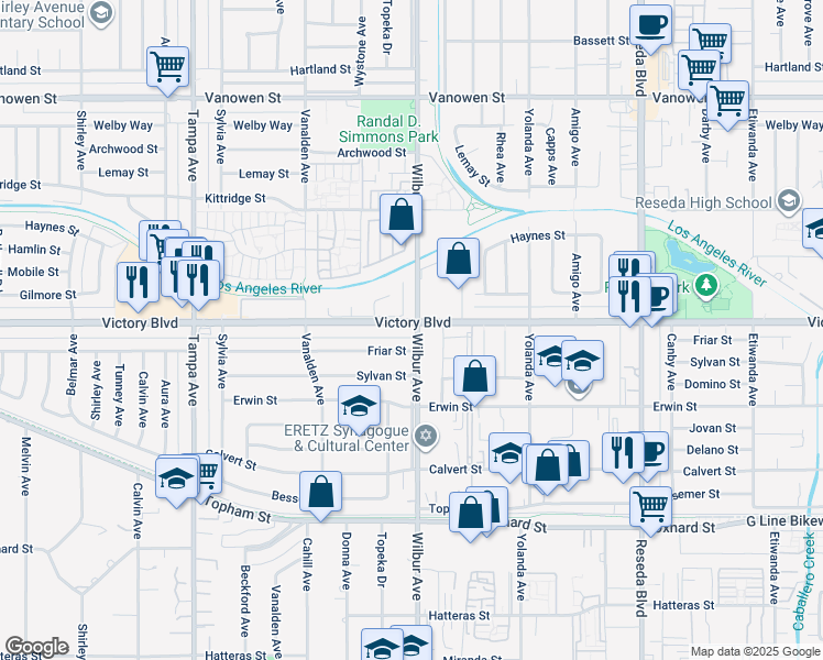 map of restaurants, bars, coffee shops, grocery stores, and more near 18902 Victory Boulevard in Los Angeles