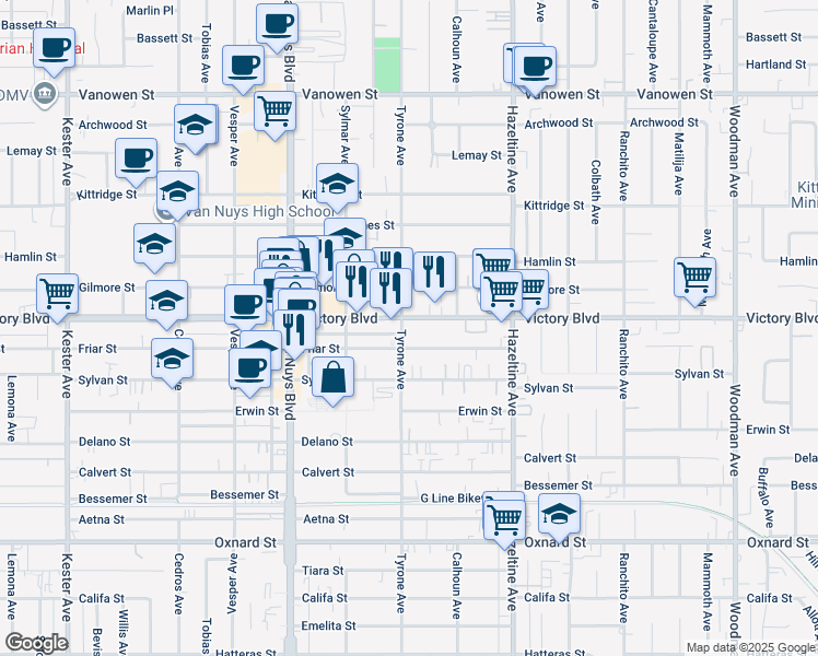 map of restaurants, bars, coffee shops, grocery stores, and more near 14256 Victory Boulevard in Los Angeles