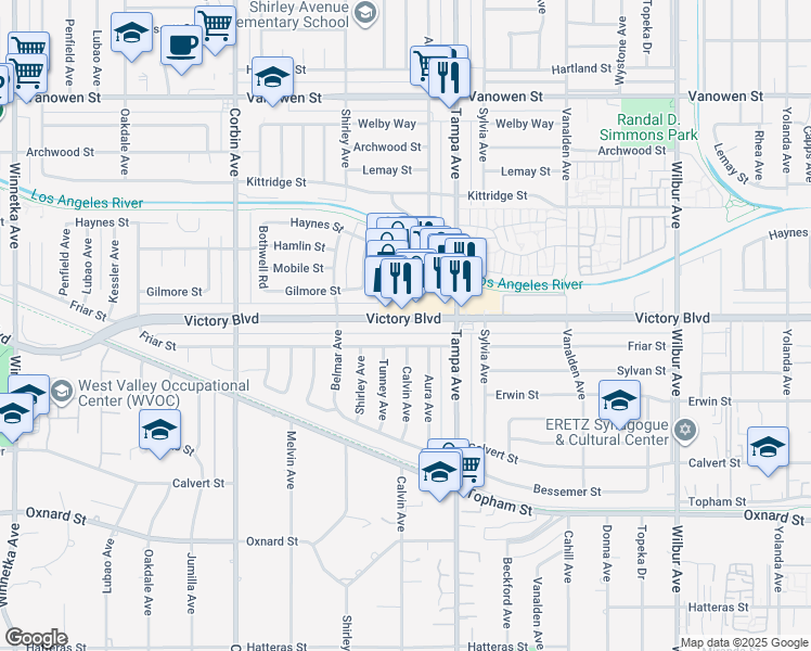 map of restaurants, bars, coffee shops, grocery stores, and more near 19352 Victory Boulevard in Los Angeles
