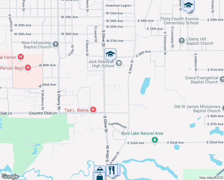 map of restaurants, bars, coffee shops, grocery stores, and more near 4321 South Olive Street in Pine Bluff
