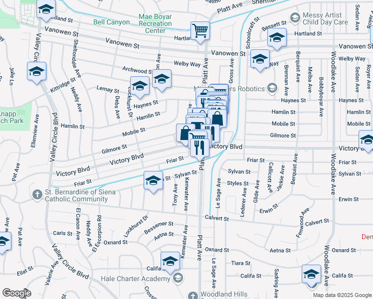 map of restaurants, bars, coffee shops, grocery stores, and more near 23800 Victory Boulevard in Los Angeles