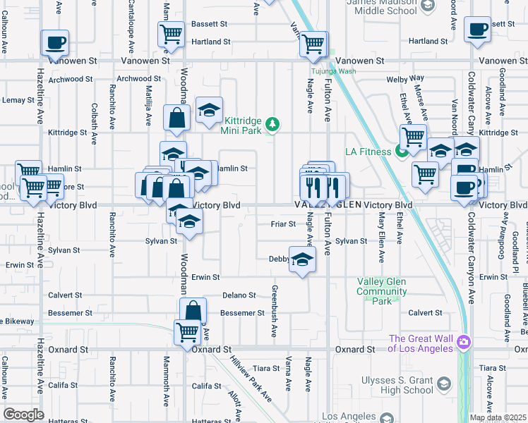 map of restaurants, bars, coffee shops, grocery stores, and more near 13464 Victory Blvd in Van Nuys