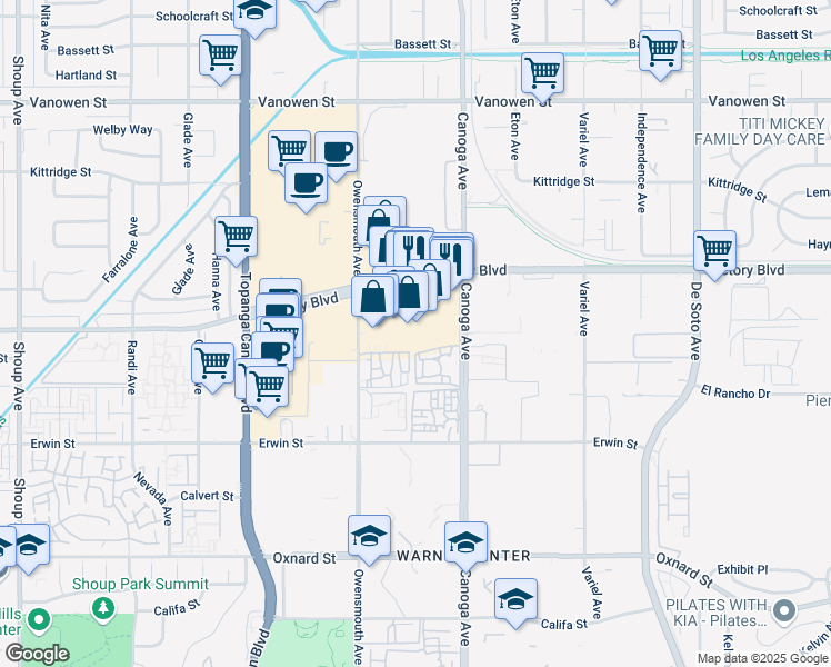 map of restaurants, bars, coffee shops, grocery stores, and more near 21490 Victory Boulevard in Los Angeles