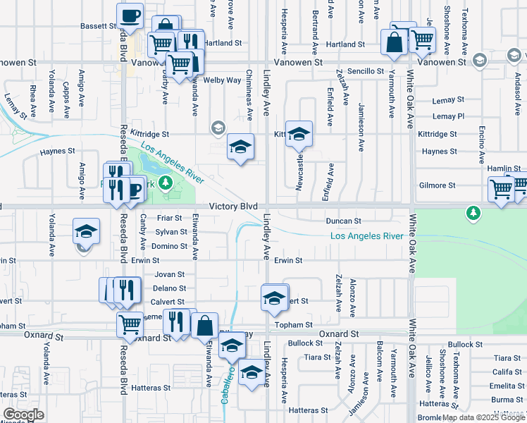 map of restaurants, bars, coffee shops, grocery stores, and more near 18102 Victory Boulevard in Los Angeles