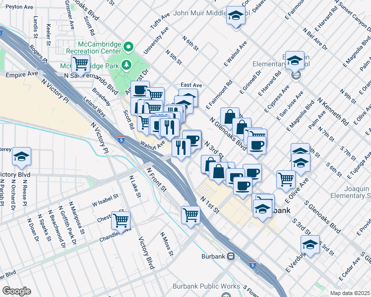 map of restaurants, bars, coffee shops, grocery stores, and more near 840 North San Fernando Boulevard in Burbank
