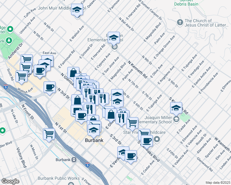 map of restaurants, bars, coffee shops, grocery stores, and more near 552 East Palm Avenue in Burbank