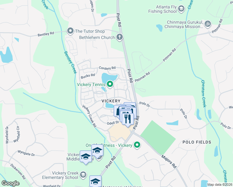 map of restaurants, bars, coffee shops, grocery stores, and more near 6525 Meeting House Road in Cumming
