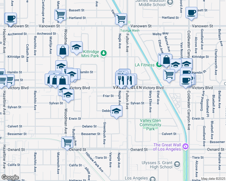 map of restaurants, bars, coffee shops, grocery stores, and more near 13400 Victory Boulevard in Los Angeles