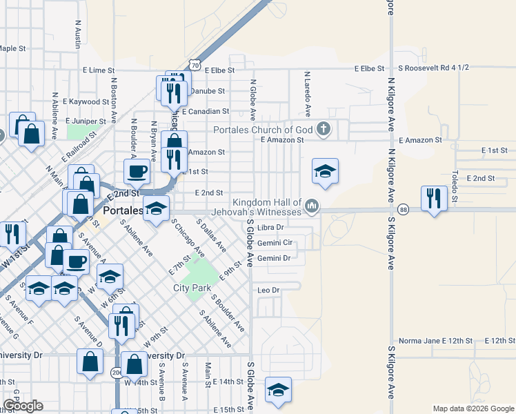 map of restaurants, bars, coffee shops, grocery stores, and more near 1101 East 3rd Street in Portales