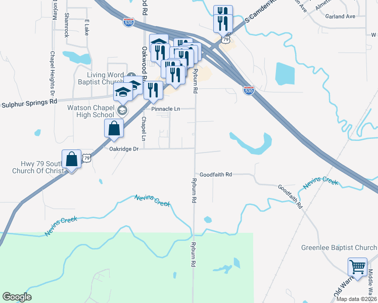 map of restaurants, bars, coffee shops, grocery stores, and more near 4201 Ryburn Road in Pine Bluff