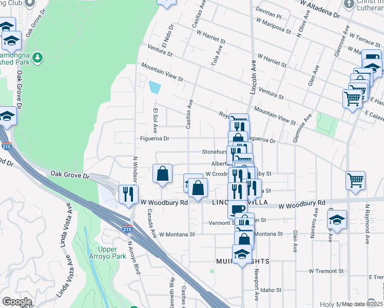 map of restaurants, bars, coffee shops, grocery stores, and more near 2366 North Casitas Avenue in Altadena