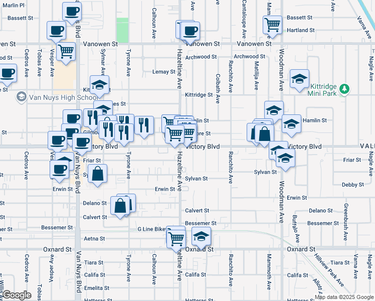 map of restaurants, bars, coffee shops, grocery stores, and more near 14042 1/2 Victory Boulevard in Los Angeles