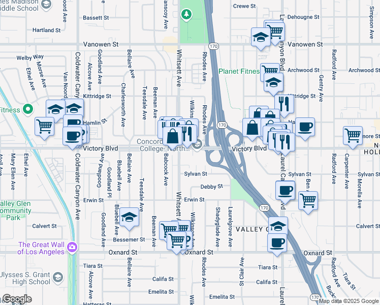 map of restaurants, bars, coffee shops, grocery stores, and more near 12412 Victory Boulevard in Los Angeles