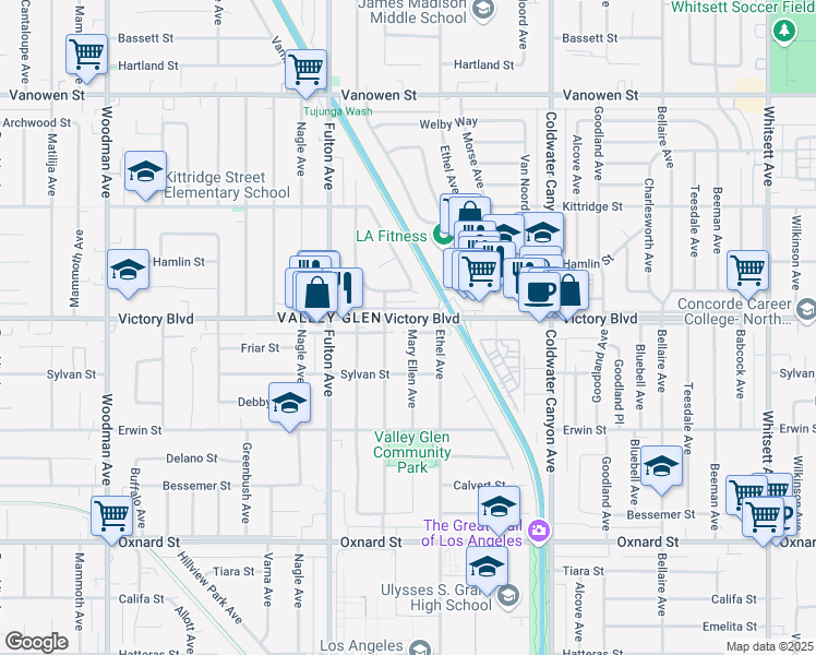 map of restaurants, bars, coffee shops, grocery stores, and more near 13120 Victory Boulevard in Los Angeles