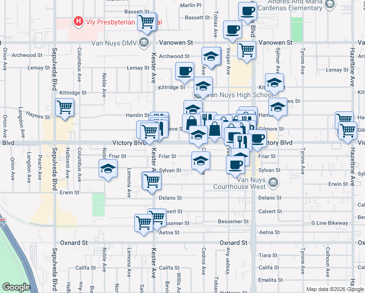 map of restaurants, bars, coffee shops, grocery stores, and more near 14752 Victory Boulevard in Los Angeles