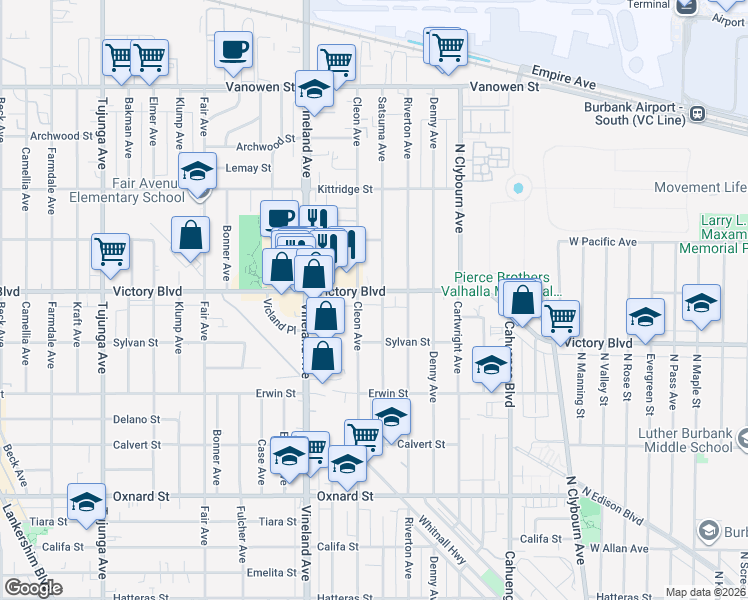 map of restaurants, bars, coffee shops, grocery stores, and more near 10848 Victory Boulevard in Los Angeles