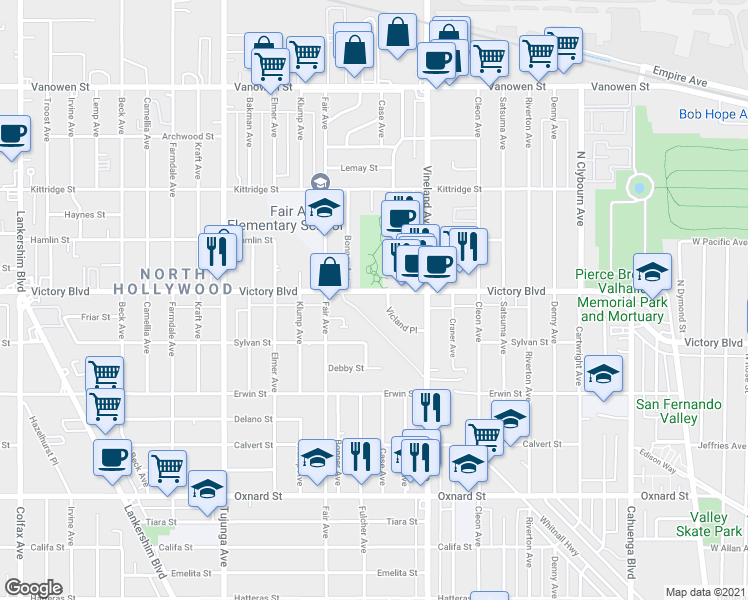 map of restaurants, bars, coffee shops, grocery stores, and more near 11110 Victory Boulevard in Los Angeles