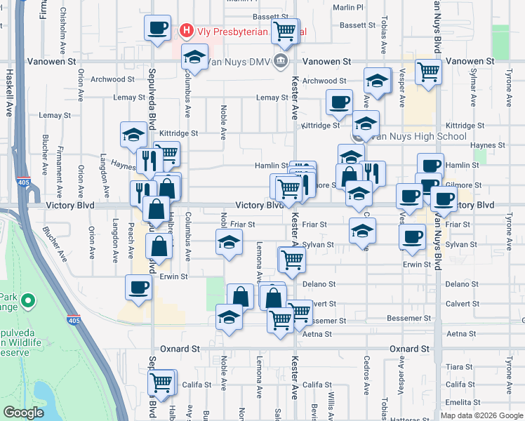 map of restaurants, bars, coffee shops, grocery stores, and more near 14960 Victory Boulevard in Los Angeles