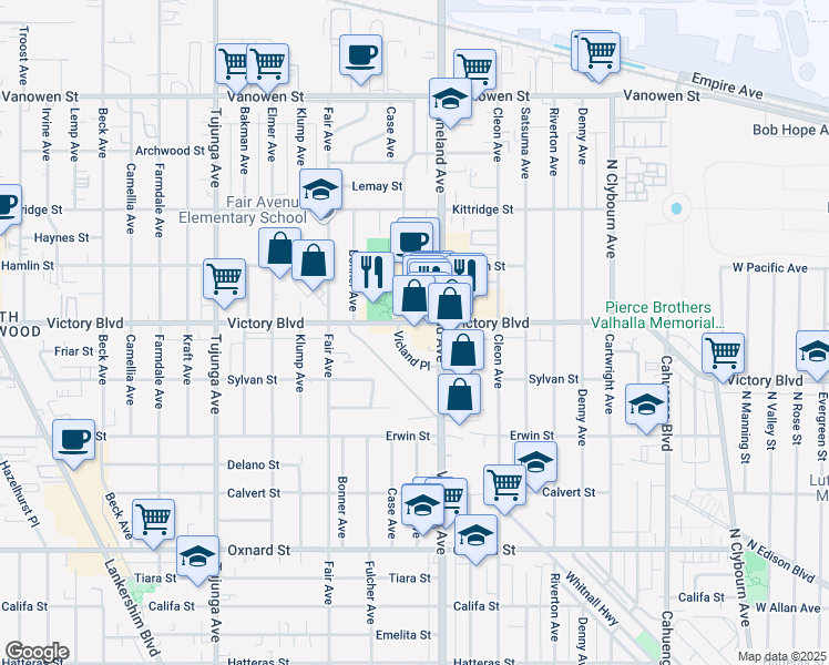 map of restaurants, bars, coffee shops, grocery stores, and more near 11000 Victory Boulevard in Los Angeles