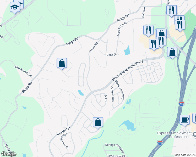 map of restaurants, bars, coffee shops, grocery stores, and more near 1010 Keeter Road in Canton