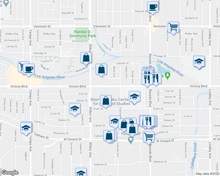 map of restaurants, bars, coffee shops, grocery stores, and more near 6354 Geyser Avenue in Los Angeles