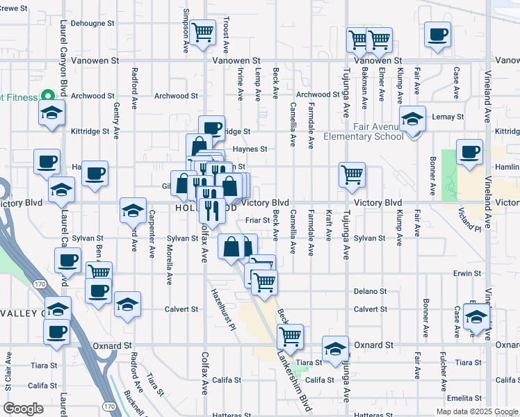 map of restaurants, bars, coffee shops, grocery stores, and more near 11600 Victory Boulevard in Los Angeles