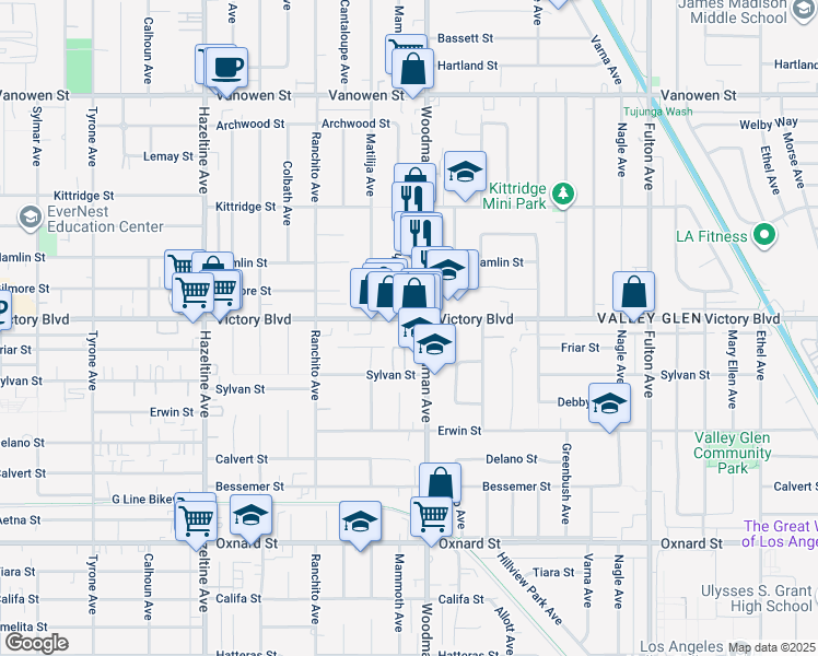 map of restaurants, bars, coffee shops, grocery stores, and more near 13736 Victory Boulevard in Los Angeles