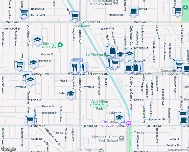 map of restaurants, bars, coffee shops, grocery stores, and more near 13210 Victory Boulevard in Los Angeles