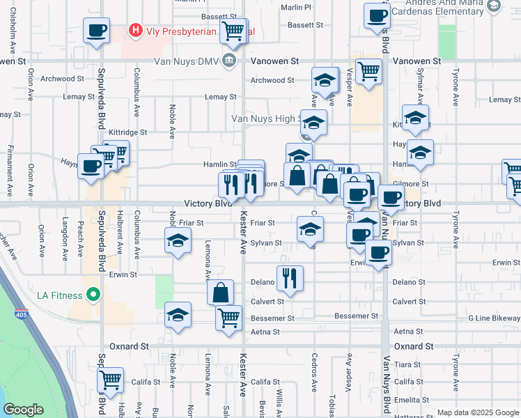 map of restaurants, bars, coffee shops, grocery stores, and more near 14830 Victory Boulevard in Los Angeles