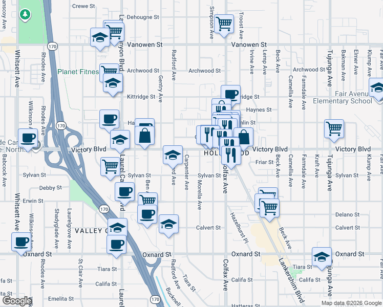 map of restaurants, bars, coffee shops, grocery stores, and more near 11820 Victory Boulevard in Los Angeles