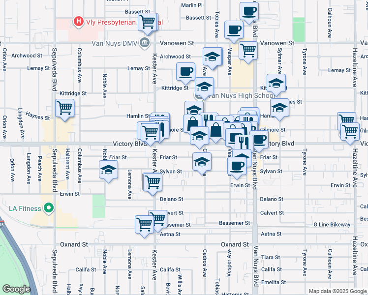 map of restaurants, bars, coffee shops, grocery stores, and more near 14752 Victory Boulevard in Los Angeles