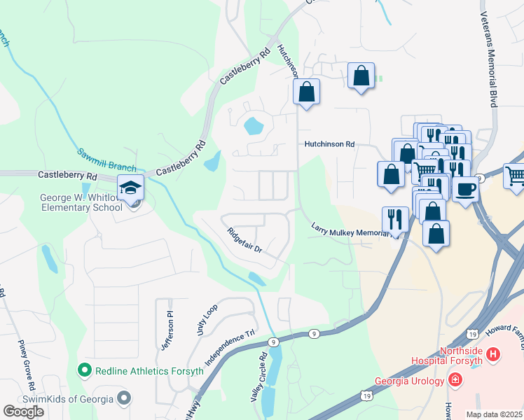 map of restaurants, bars, coffee shops, grocery stores, and more near 4010 Ridgefair Drive in Cumming