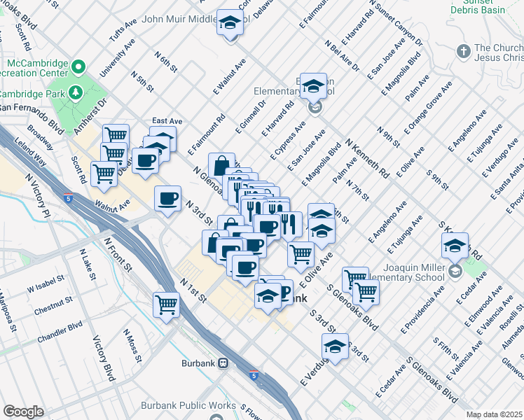 map of restaurants, bars, coffee shops, grocery stores, and more near 428 East San Jose Avenue in Burbank