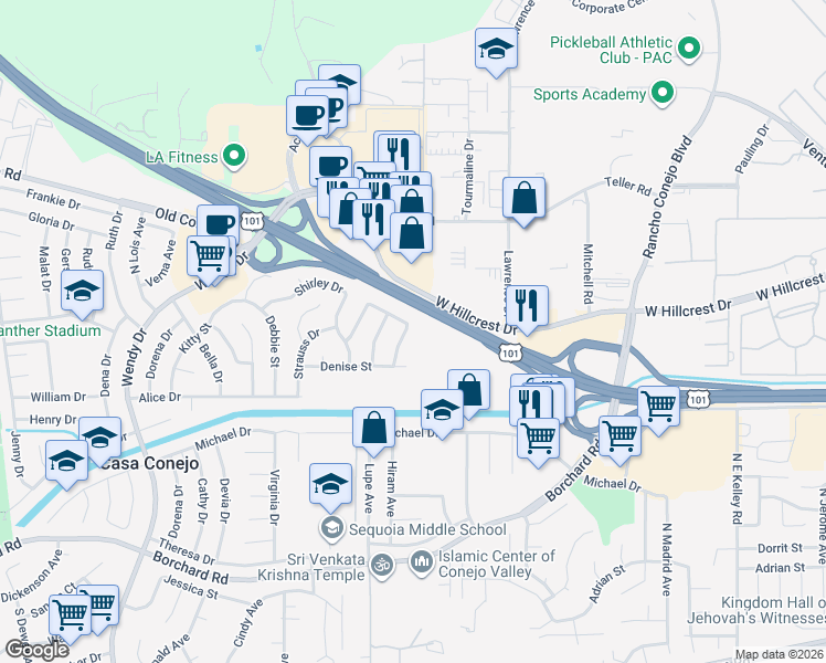 map of restaurants, bars, coffee shops, grocery stores, and more near 610 Nicole Drive in Thousand Oaks