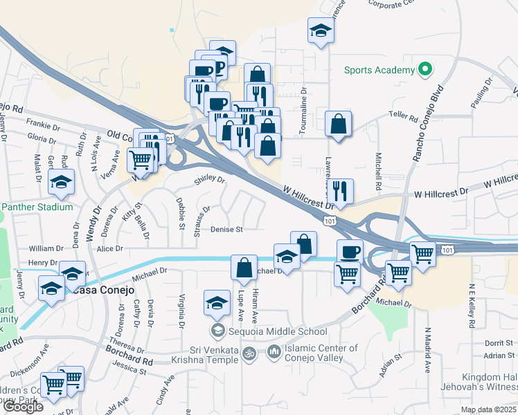 map of restaurants, bars, coffee shops, grocery stores, and more near 603 Gilbert Street in Thousand Oaks