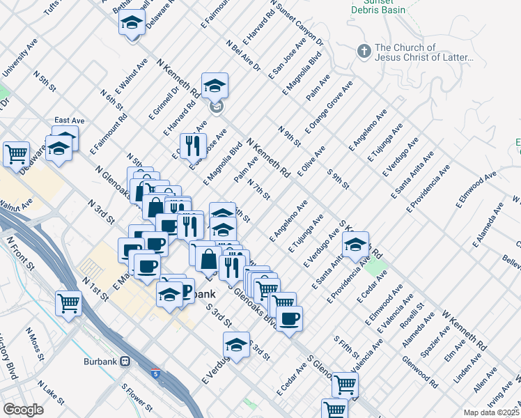 map of restaurants, bars, coffee shops, grocery stores, and more near 621 East Olive Avenue in Burbank